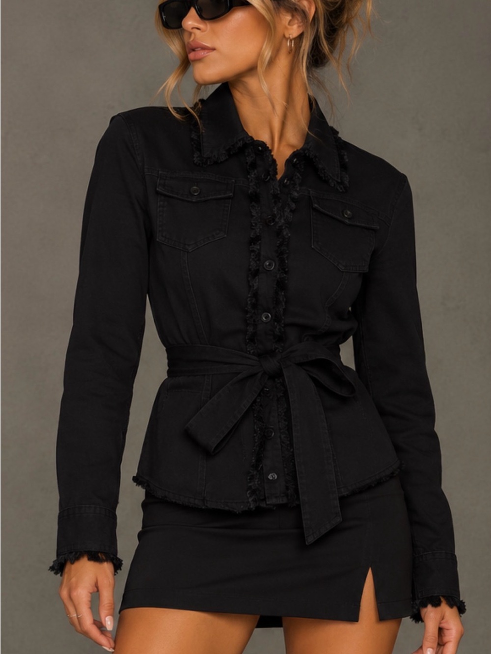 Prada Black Denim-Style Button Front Jacket with Waist Tie